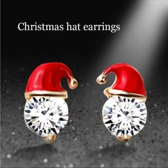 Santa Hat Rhinestone Diamond Stud Earrings - Picture 2 of 5